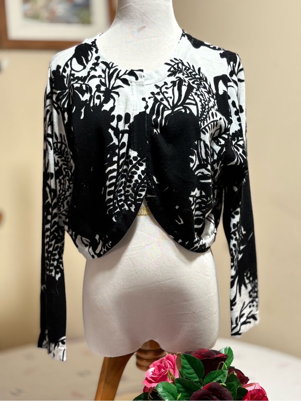 dressbarn White Cardigan with Black Floral Knit